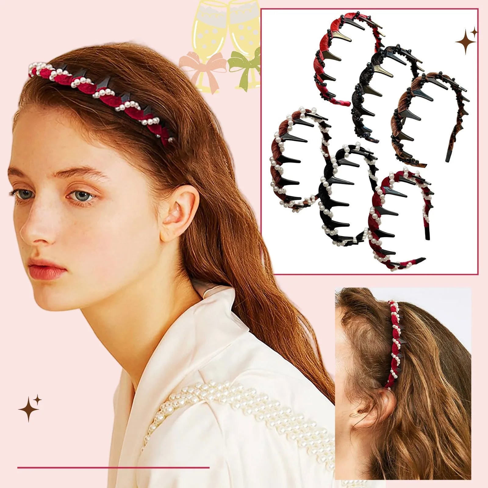 3PCS New Trendy Pearl Headbands Non-slip Wavy Head Hoop Combing Hairbands Headwear Hair Accessories Hair Accessories Gifts Peaceful Pleasures Health and Wellness