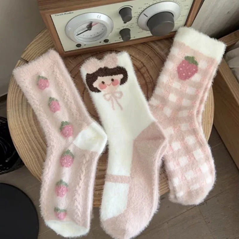 Rabbit Velvet Socks Children's Autumn and Winter Thick Warm Socks Floor Socks Plush Soft Breathable Pink Strawberry Girl Socks Peaceful Pleasures Health and Wellness