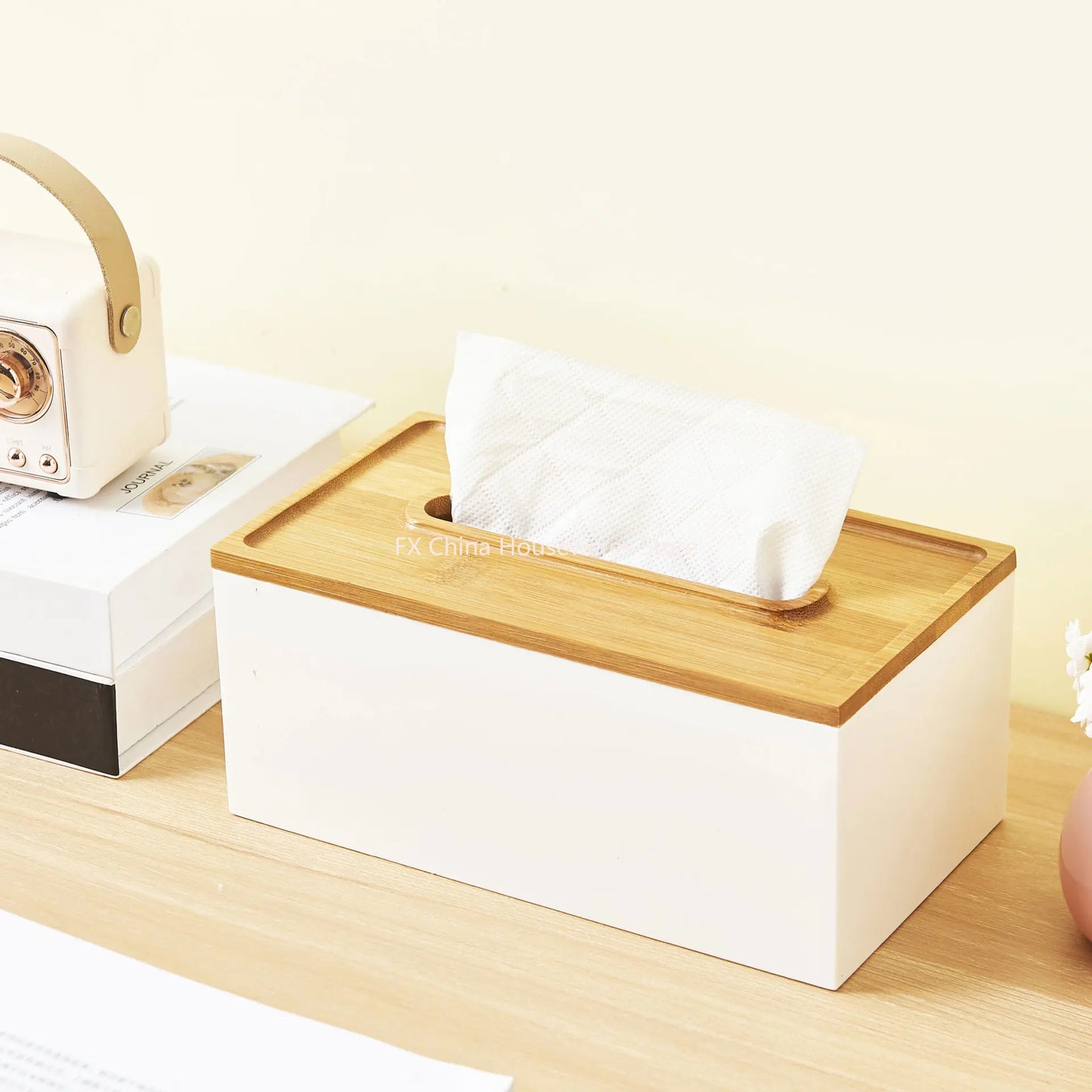 Japanese Style Bamboo Lid Tissue Box Holder - Plastic Desktop Organizer for Living Room, Bathroom, Office, Kitchen Storage Peaceful Pleasures Health and Wellness