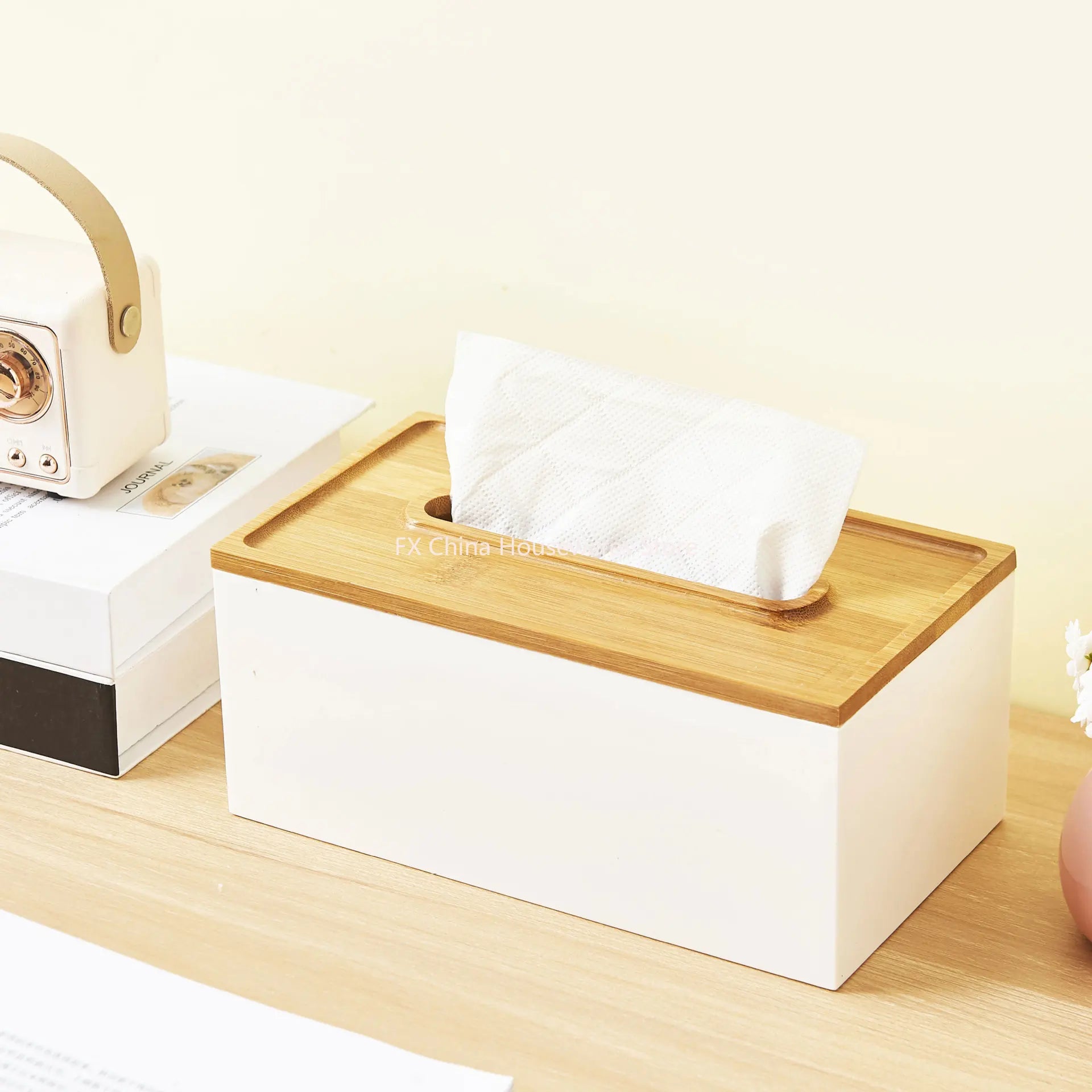 Japanese Style Bamboo Lid Tissue Box Holder - Plastic Desktop Organizer for Living Room, Bathroom, Office, Kitchen Storage Peaceful Pleasures Health and Wellness