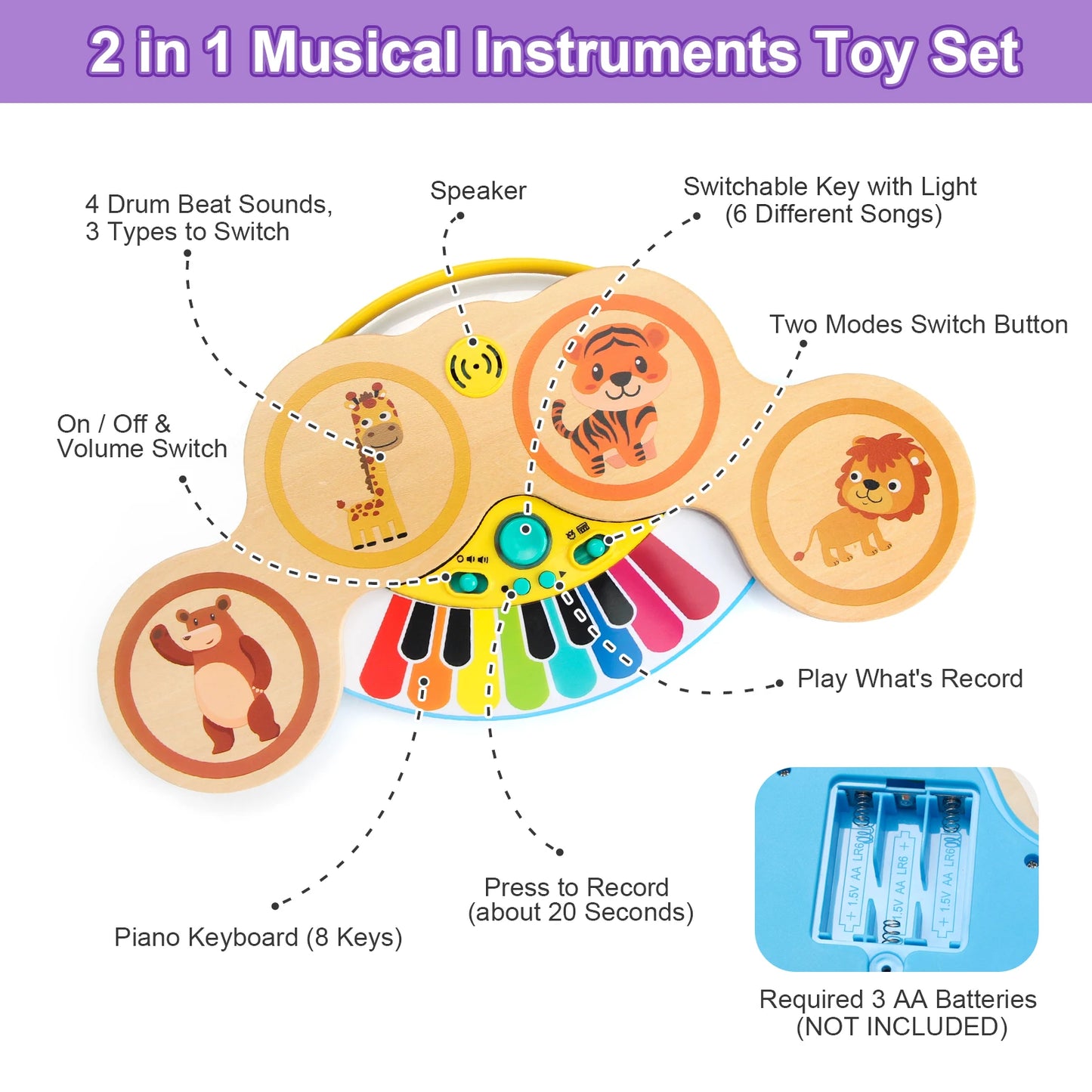 Wooden 2in1 Keyboard Piano Clapping Drum Music Light Cartoon Animals