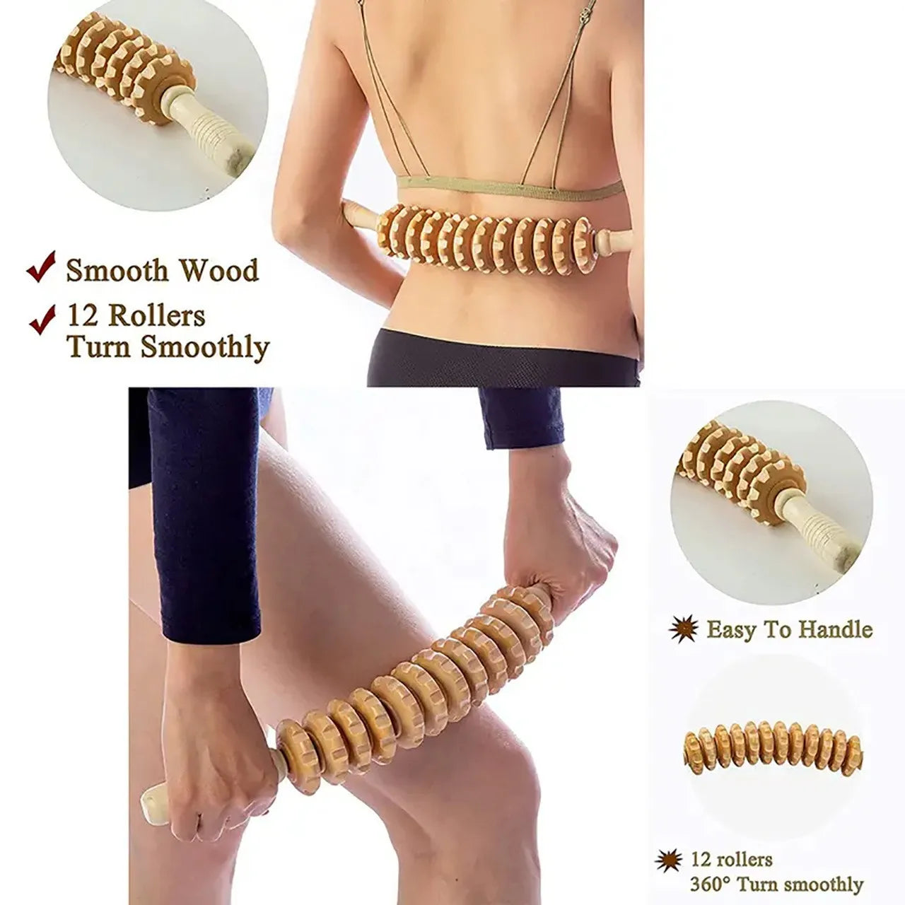 Body Fascia Massager Anti-slip Handle Wood Grooved Gear Arms Legs Thighs Buttocks Smooth Roller Massager for Back Relaxation Peaceful Pleasures Health and Wellness