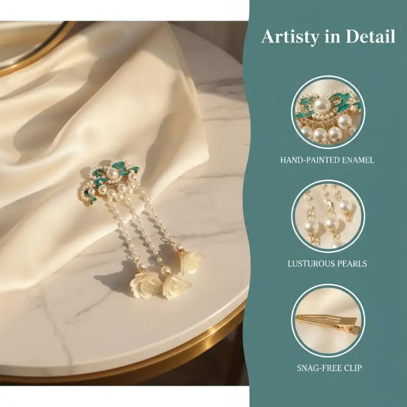 Vintage Pearl Tassel Hair Clip – Enamel Flower Hanfu Hair Pin