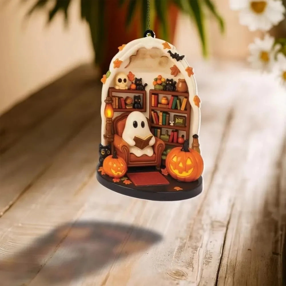 Cute Reading Ghost Halloween Acrylic Ornament | Spooky Décor