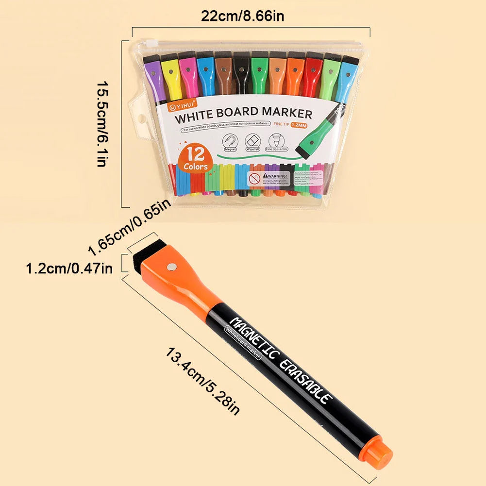 Erasable Magnetic Whiteboard Markers with Built-In Eraser | 12 Colors