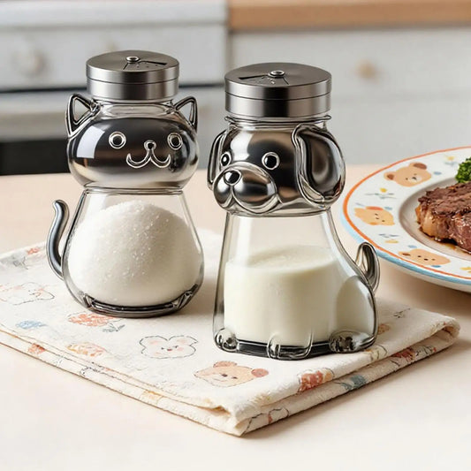 Cute Animal Glass Salt Shaker with Lid | Cat & Dog Design Glass Salt Shaker Peaceful Pleasures Health and Wellness