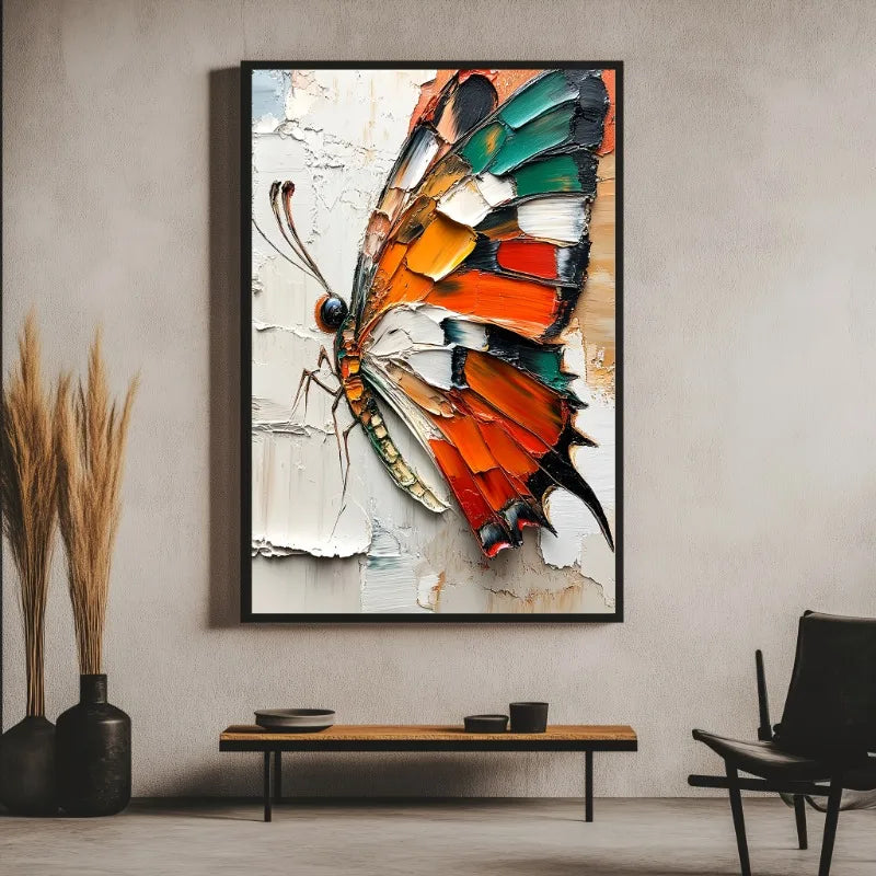 Big Butterfly Texture, White, Orange, Red, Black and Green, Suitable for Living Room, Dining Room, Bedroom Wall Decor, Frameless Peaceful Pleasures Health and Wellness