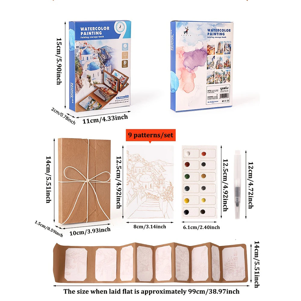 9 Sheets Watercolor Painting Thick Folding Storage Book Pen Holiday