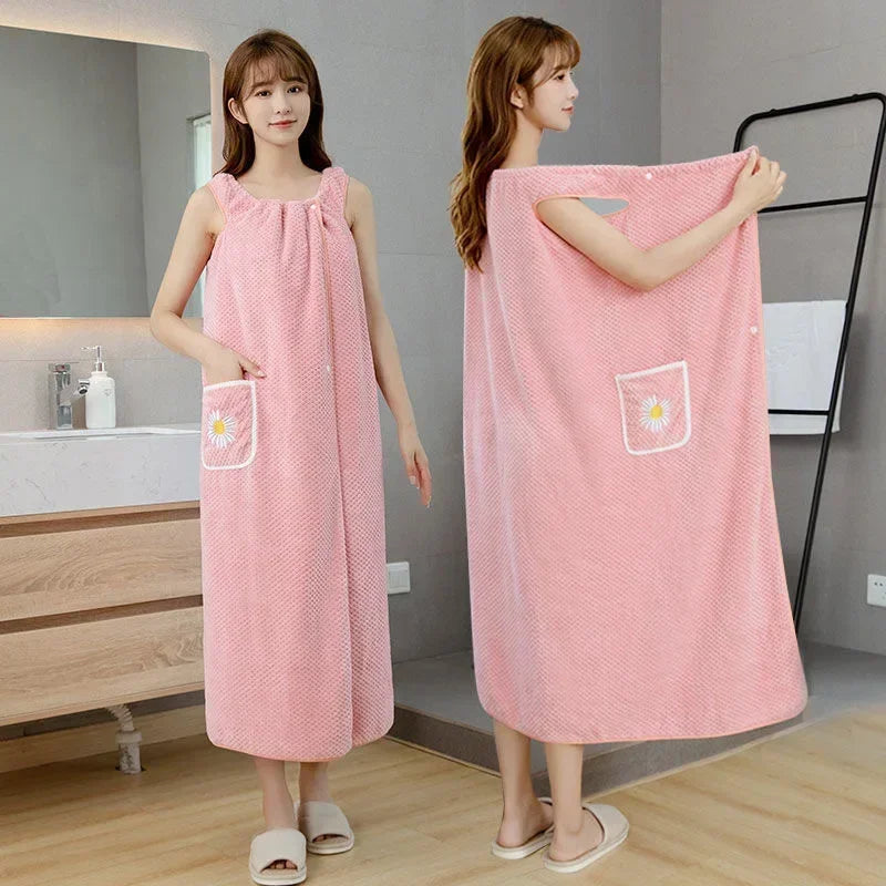 Women's Wearable Bath Towel Wrap – Quick-Dry Cotton Bathrobe