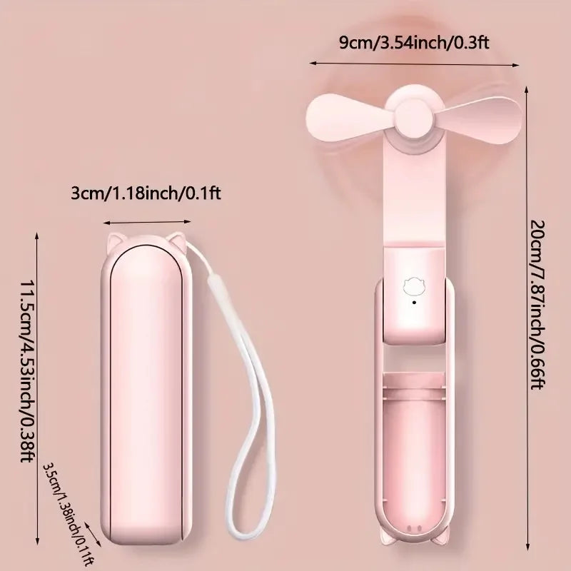 3-in-1 Foldable Mini Handheld Fan – USB Rechargeable Power Bank