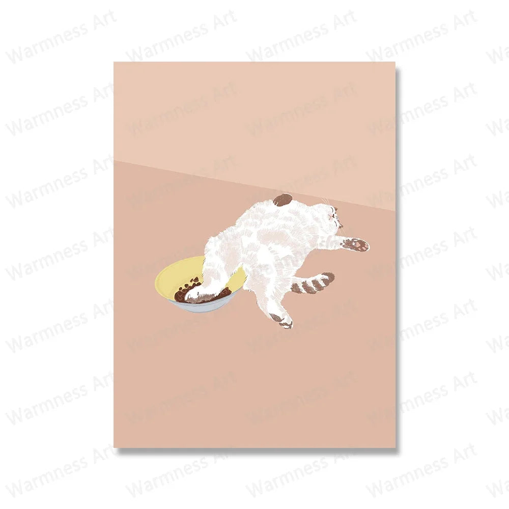 Retro Cat & Pizza Canvas Wall Art | Scandinavian Poster Print