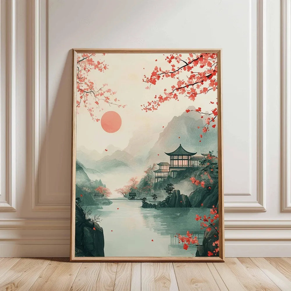 1 Frameless Japanese Tree Poster,Retro Landscape Painting,Natural Wall Art Print,Peaceful Landscape Art,Spring Flower Decoration Peaceful Pleasures Health and Wellness
