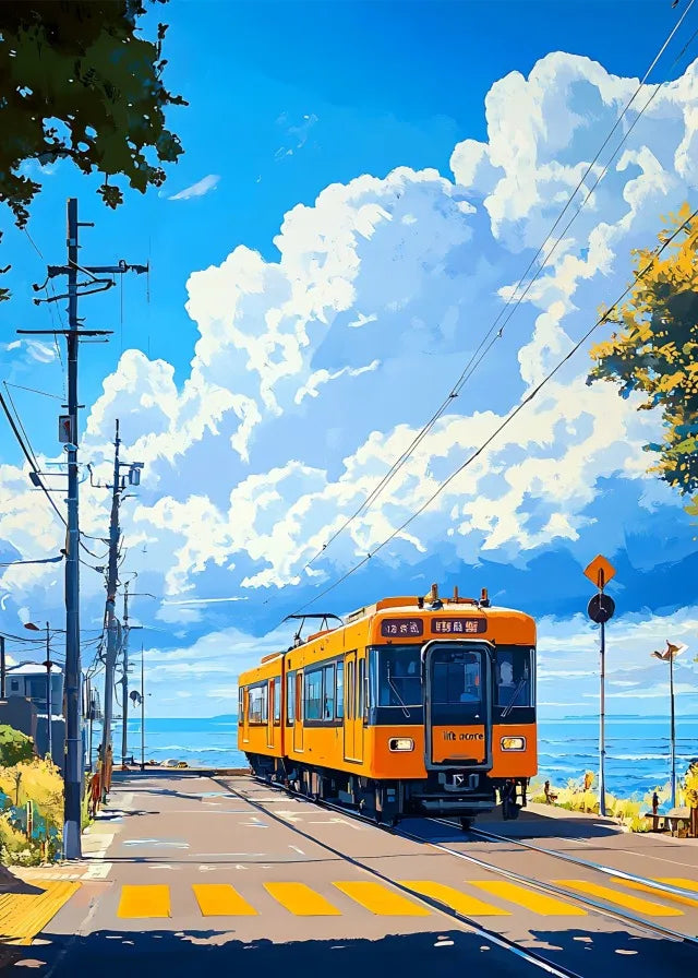Japanese Anime Landscape Canvas Print | Tram Train Ocean Wall Art Canvas Wall Art Print Peaceful Pleasures Health and Wellness 5 20x30cm Unframed