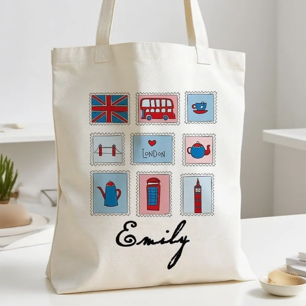 Custom Name London Canvas Tote Bag | Iconic British Design