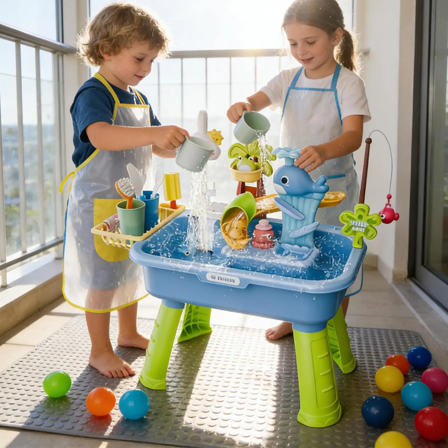 Kids Water Play Table with Fishing Game & Kitchen Set