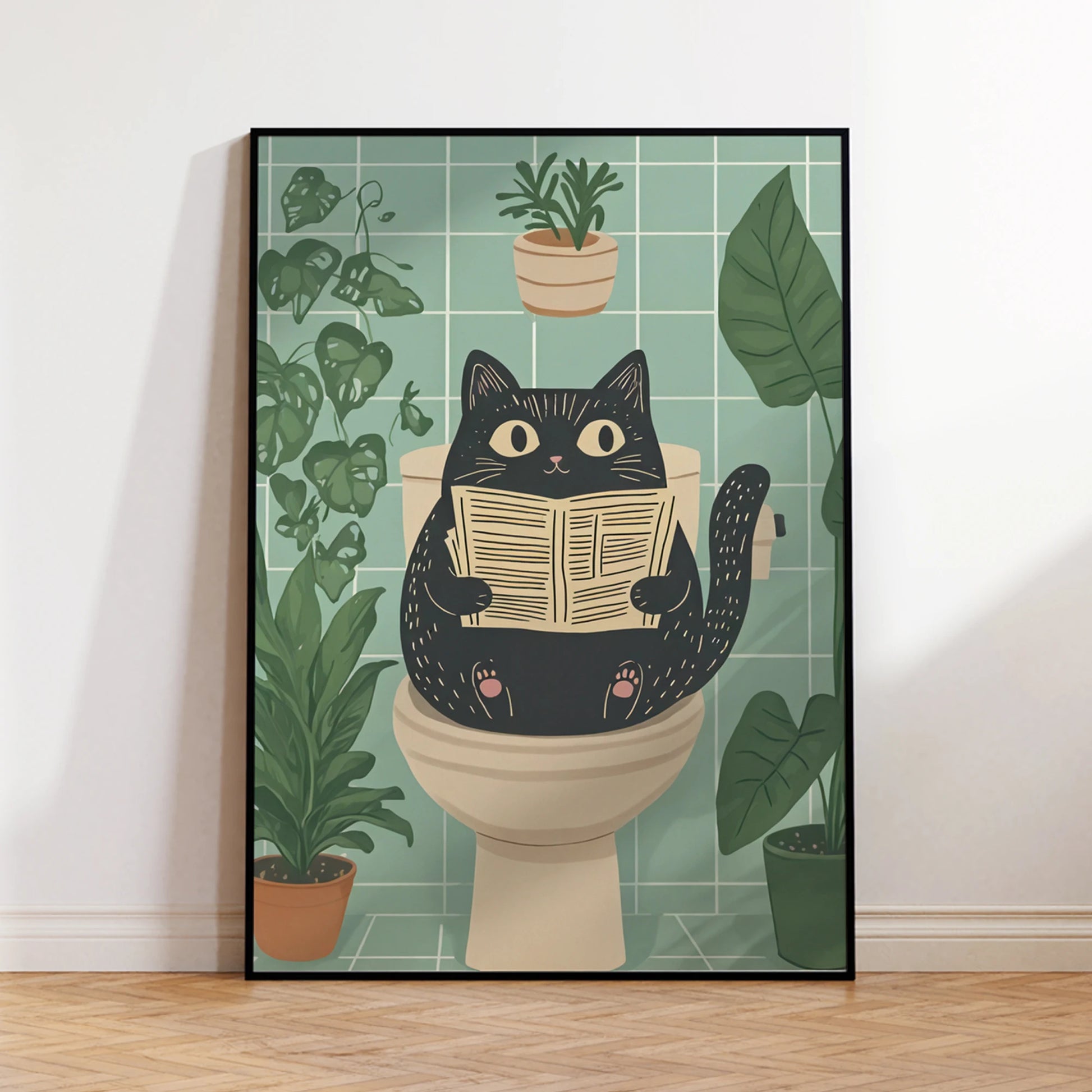 A Funny Bathroom Cat Mural, Paired With Plants And Flowers, Is Perfect For Decorating The Walls Of Living Rooms And Bedrooms Peaceful Pleasures Health and Wellness G2986 21x30cm Unframed