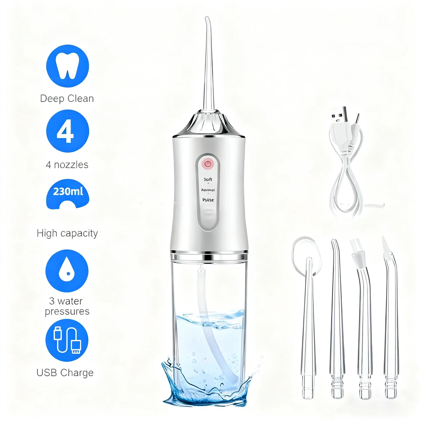 Oral Irrigator Portable USB Rechargeable Dental Water Flosser Water Jet Floss Tooth Pick 4 Jet Tip 220ml 3 Modes IPX7 Waterproof Peaceful Pleasures Health and Wellness WHITE