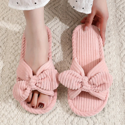 Women's Bow Knot Corduroy Indoor Slippers | Warm EVA Anti-Slip Indoor House Slippers Peaceful Pleasures Health and Wellness PK 36-37
