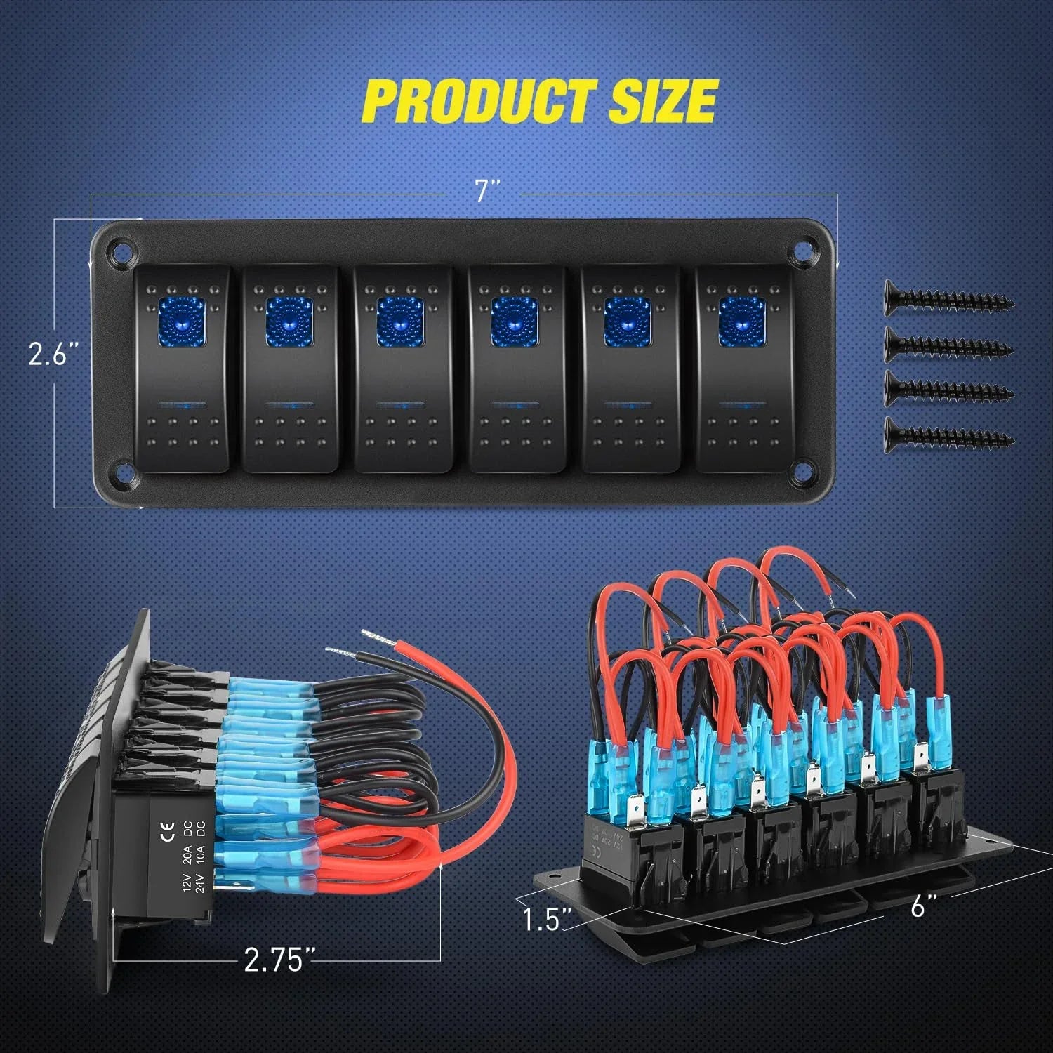 6 Gang Aluminum Rocker Switch Panel – Blue Backlit Peaceful Pleasures Health and Wellness