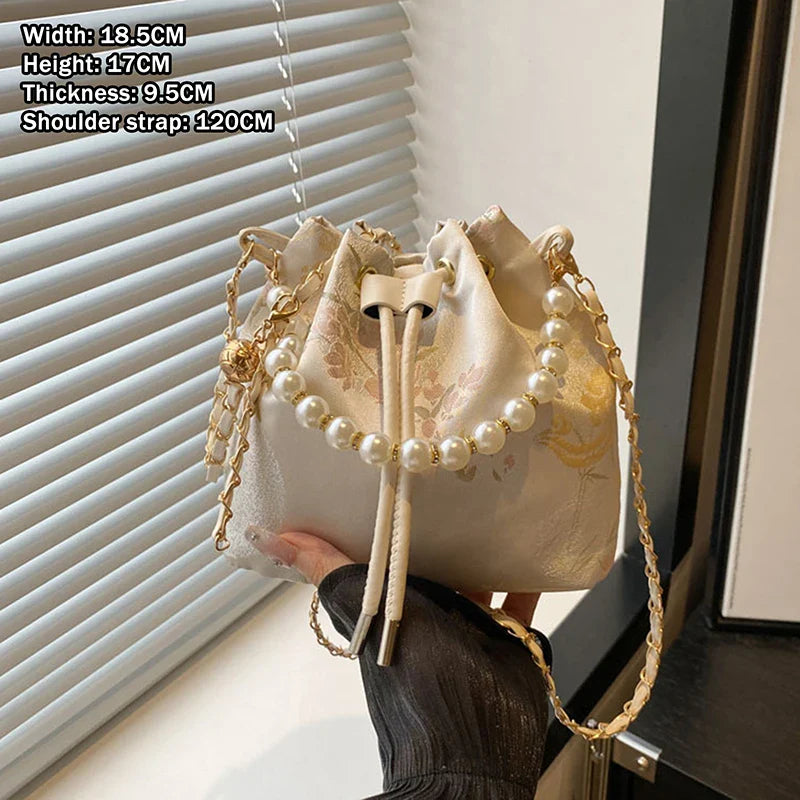 Pearl Chain Bucket Bag – Retro Chinese Style Crossbody