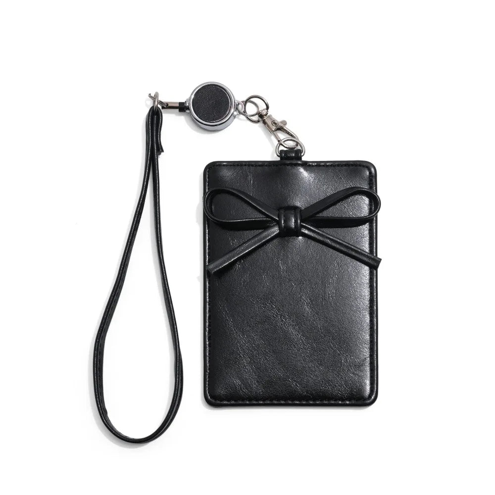 PU Leather Bow Leather Card Holder Bowknot Name Tag Work Card Cover Scalable Retractable Bus ID Holders Men Women Peaceful Pleasures Health and Wellness Black