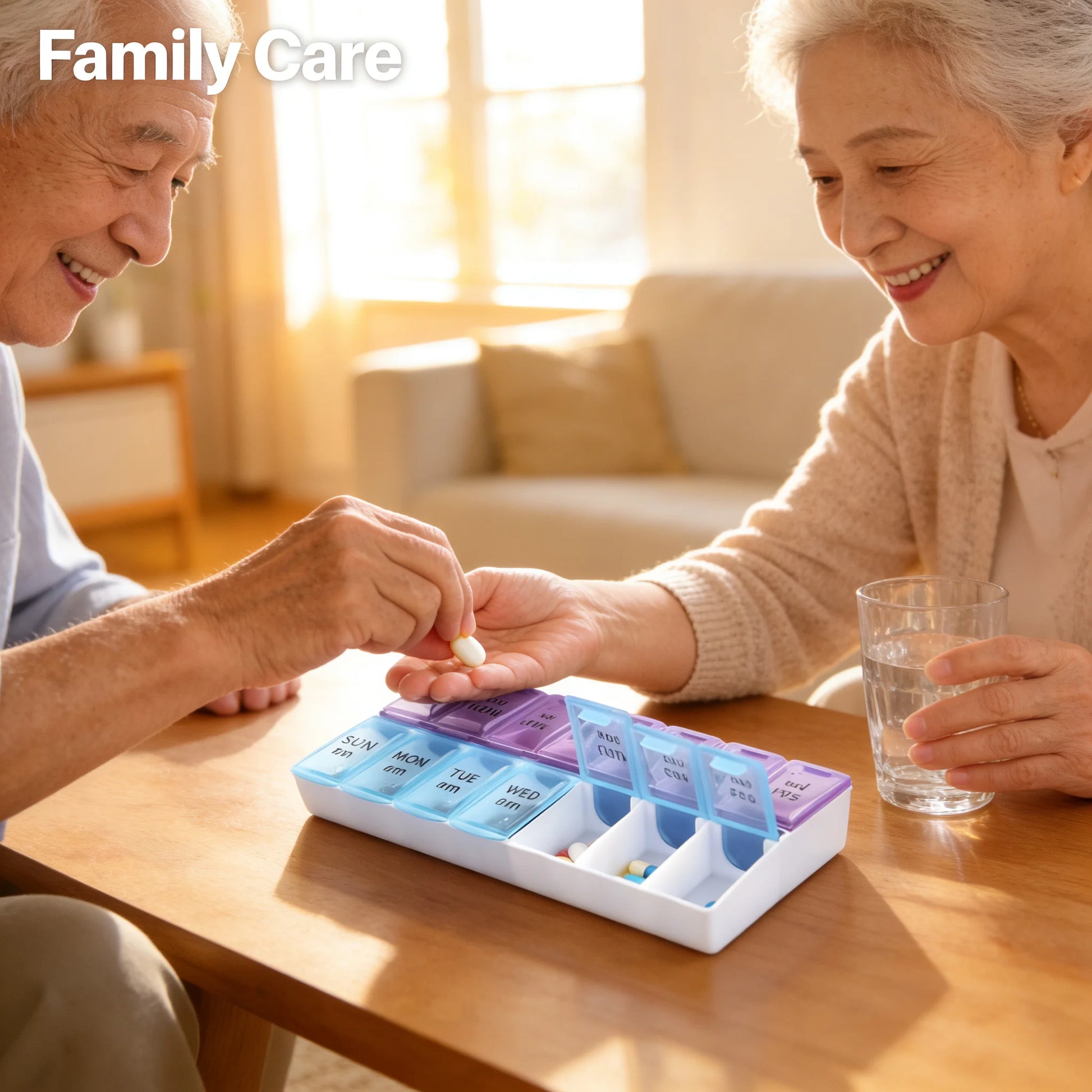 Two elderly people with a pill organizer and glass of water, indicating family care or medication management.