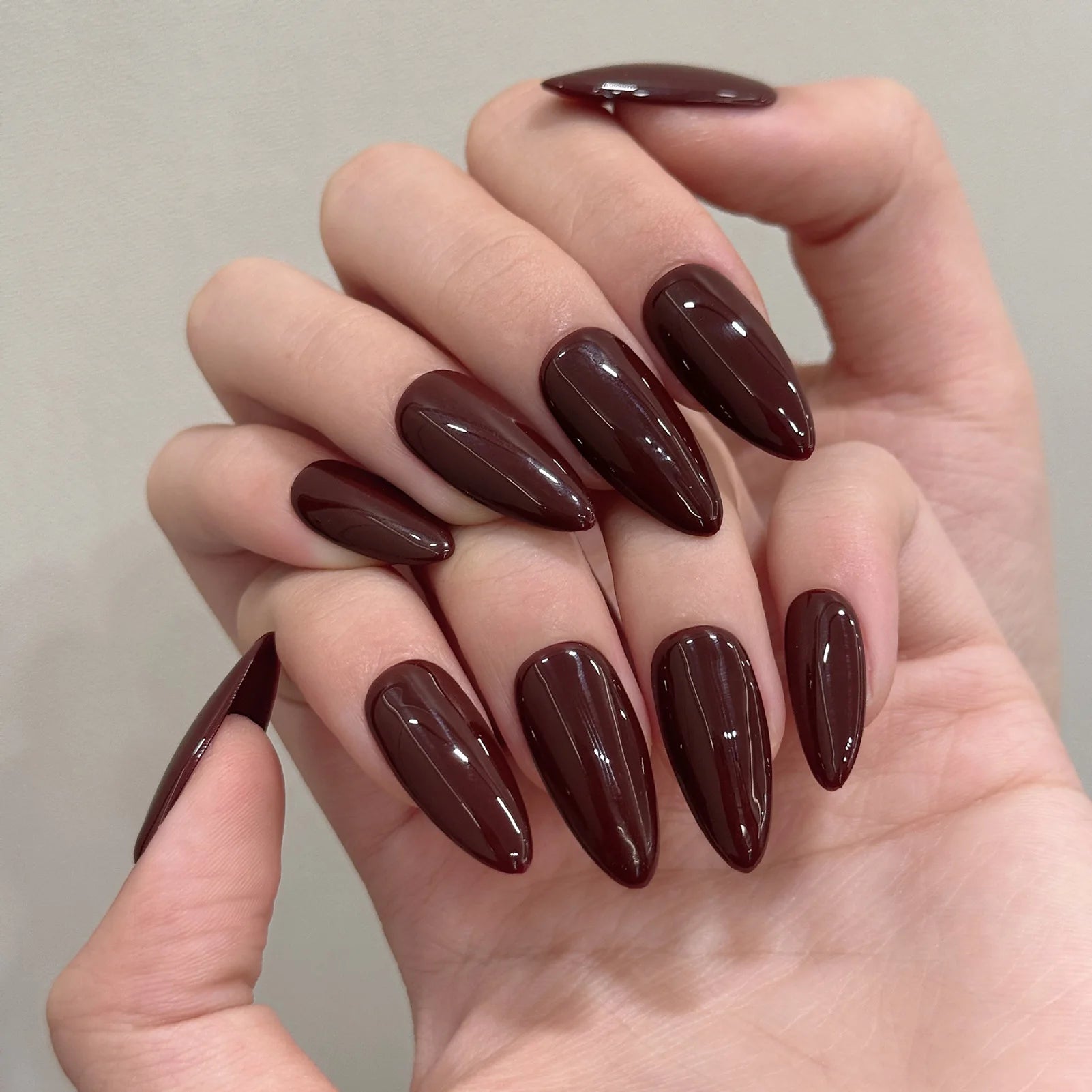 10pcs Handmade Solid Color Almond Press On Nails Reusable Dark Brown False Nails Wearable Women Finger Toe Ins Manicure Art Kit Peaceful Pleasures Health and Wellness