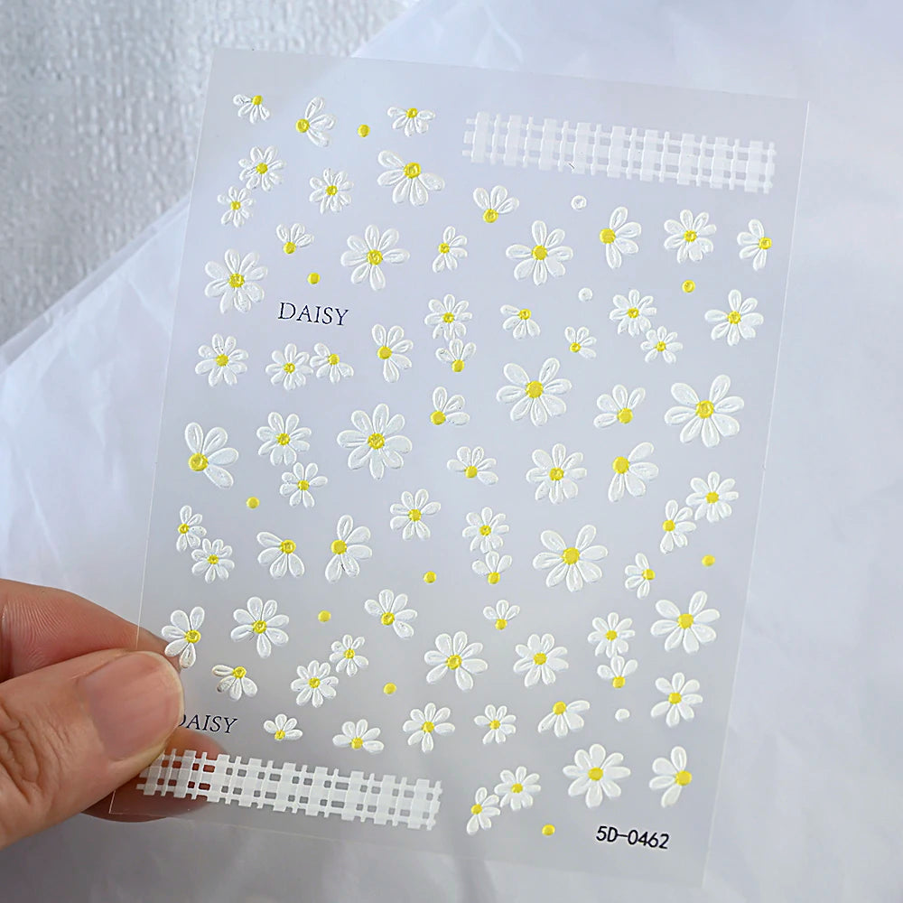 5D Embossed Daisy Nail Art Stickers – Spring Floral Decals 2pc