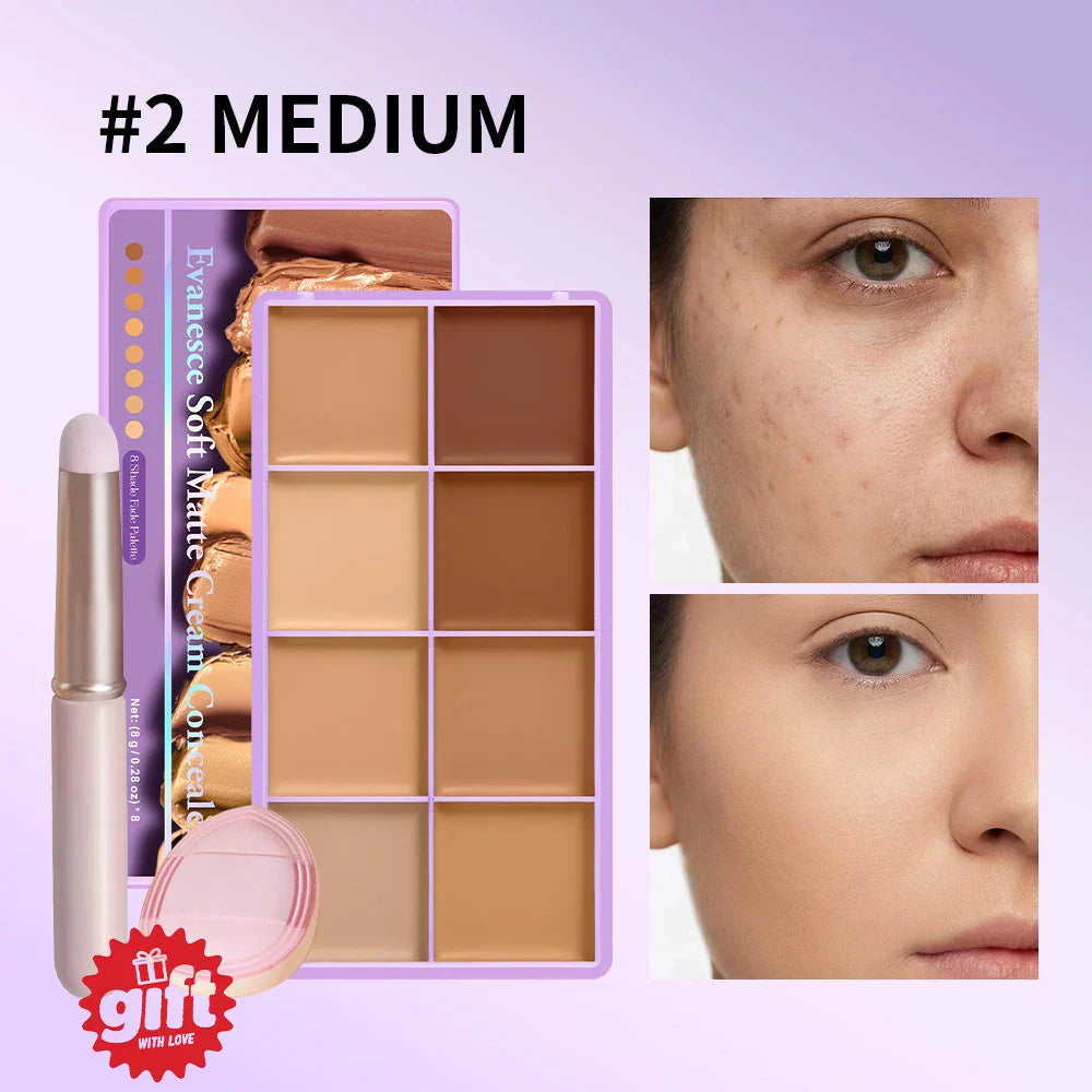 8-Shade Cream Concealer Palette with Brush & Puff | Full Coverage