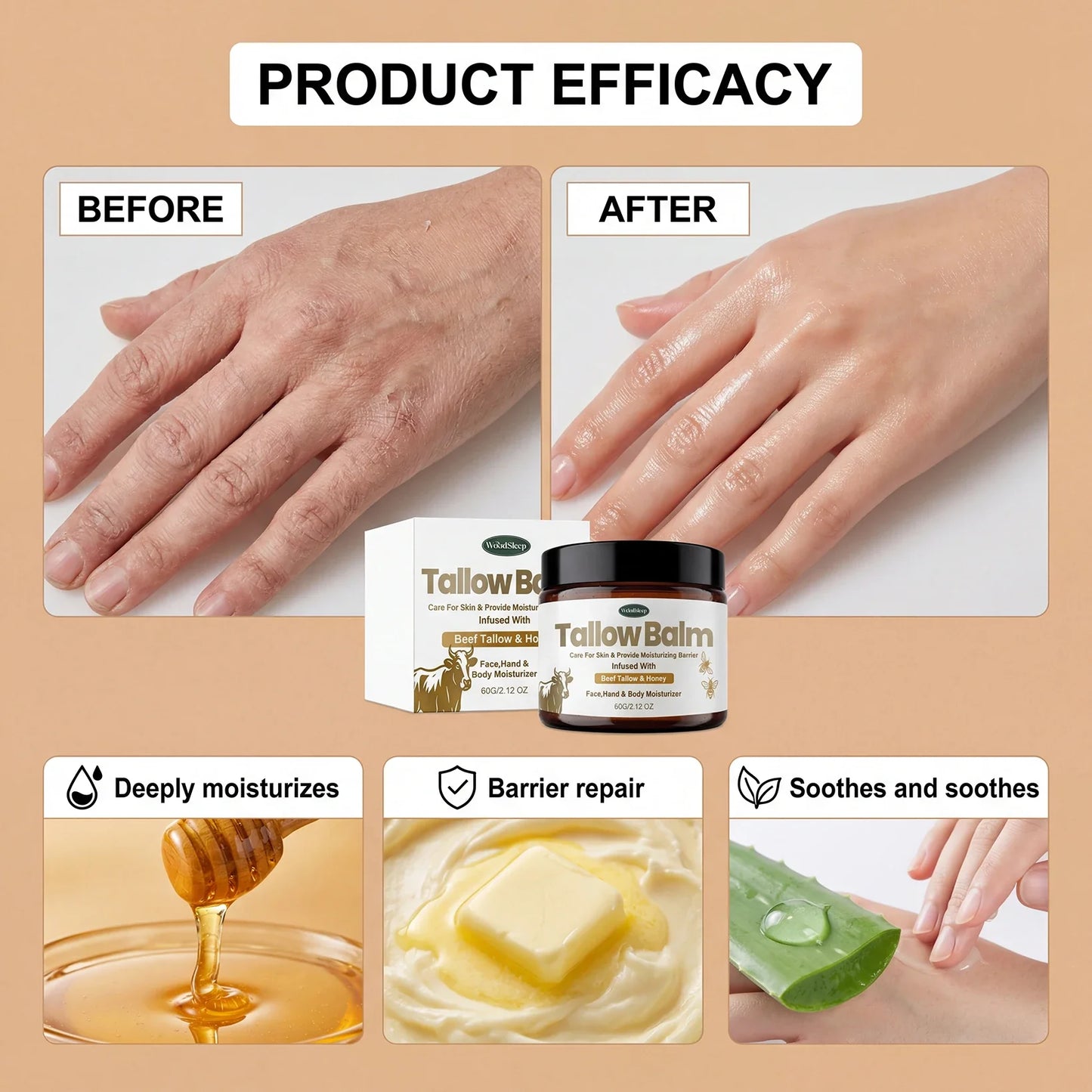 Woodsleep Beef Tallow & Honey Skin Balm – Hydrating Cream 60g