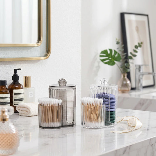 2-Grid Q-tip & Cotton Ball Dispenser Canister – Plastic Vanity Organizer for Cotton Swabs, Rounds & Pads Peaceful Pleasures Health and Wellness