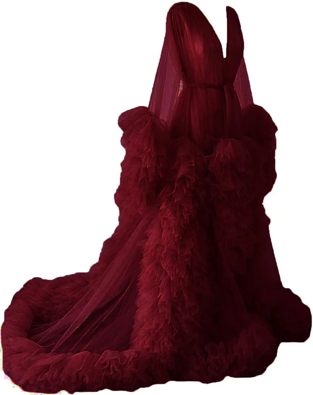 Photoshoot-Ready Tulle Maternity Gown - Puffy Ruffles, Bridal Style, Long Lingerie Dressing Robe for Pregnancy Peaceful Pleasures Health and Wellness Burgundy US 4