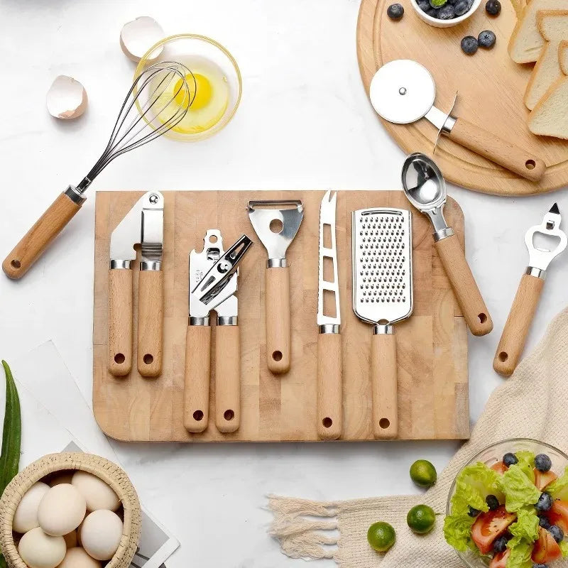 9pcs Cooking Utensils Set Wooden Handle Can Opener Baking Pizza Peeler Egg Beater Cheese Knife Ice Cream Spoon Kitchen Gadget Peaceful Pleasures Health and Wellness