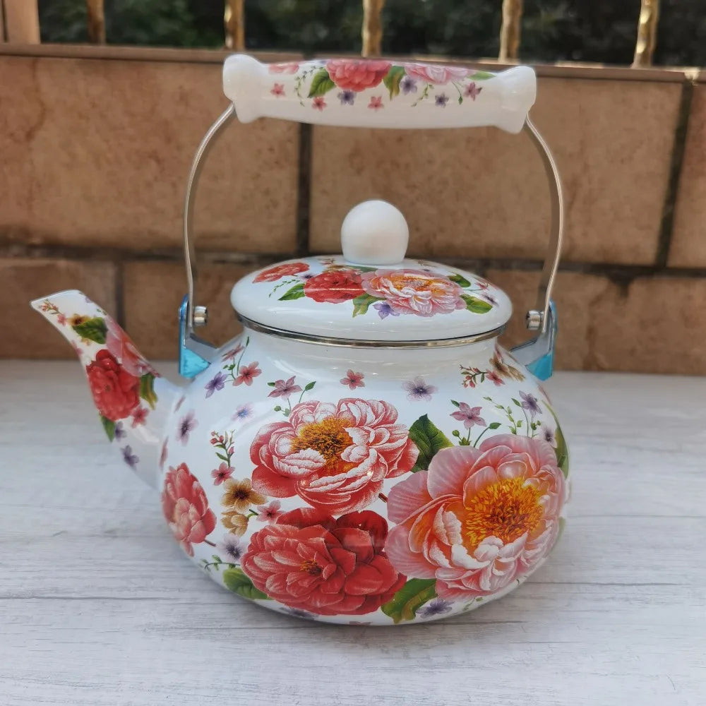 Chinese Style Enamel Teapot Floral Enameled 2.5L Gas Water Kettle Antiscald Handle Pear-shaped Coffee Pot Gas Induction Cooker Peaceful Pleasures Health and Wellness G