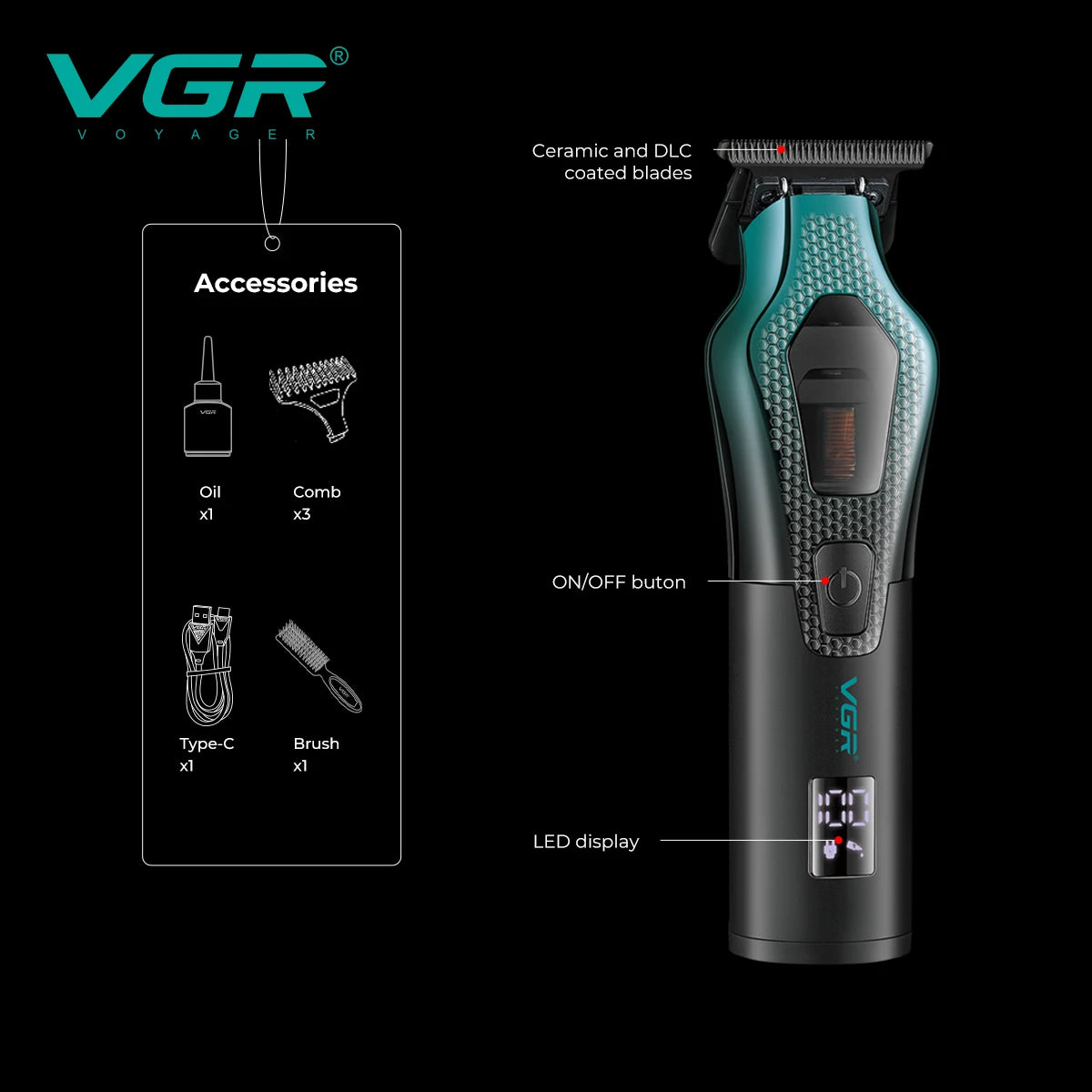 VGR electric hair clipper men's oil head carving electric push gradually changing color metal body 11000 RPM hair clipper V-997 Peaceful Pleasures Health and Wellness