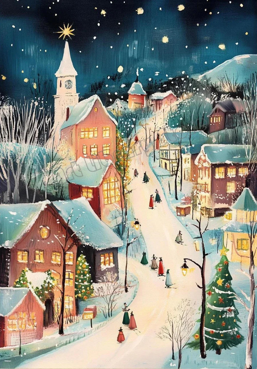 Snowy Christmas Village Canvas Wall Art | Unframed Holiday Print
