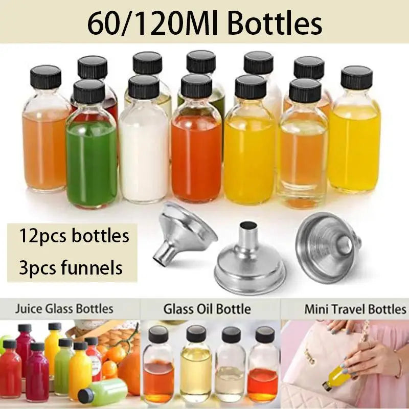 12-Pack 2oz Clear Glass Bottles with Lids & Funnels – 60ml