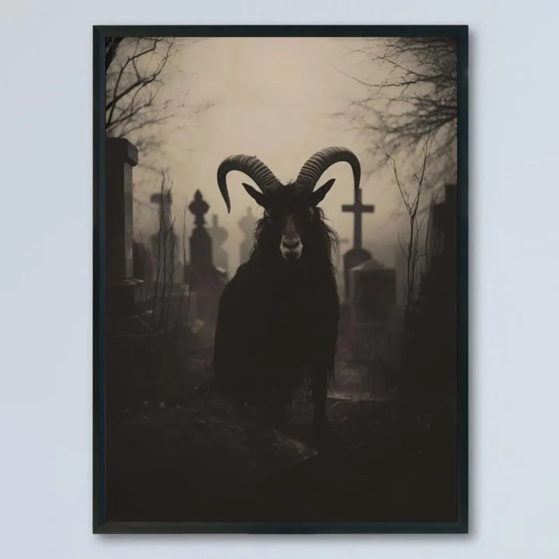 Black Phillip Goat in Cemetery Canvas Art - Satanic Gothic Pagan Wall Decor, Unframed Modern Horror Movie Poster for Home Decora Peaceful Pleasures Health and Wellness
