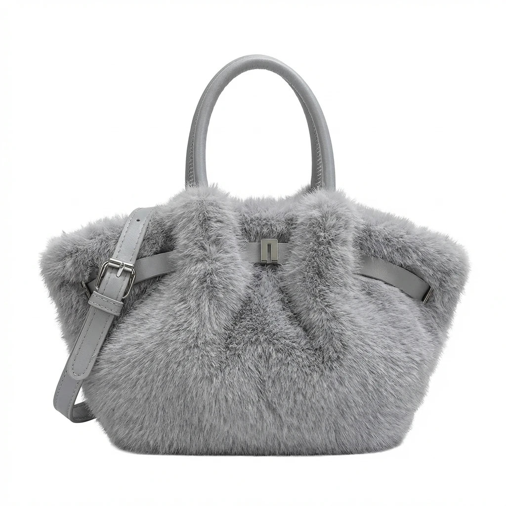 Women's Fuzzy Tote Bag Fashion Bucket Bag Fluffy Shoulder Crossbody Bag with Soft Material and Multiple Carrying Options Peaceful Pleasures Health and Wellness GRAY