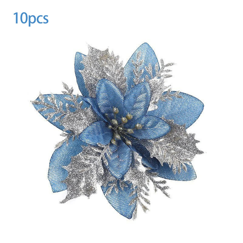 10pcs Christmas Gold Powder Christmas Flower Simulation Flower Christmas Decoration Flower Christmas Tree Decoration Peaceful Pleasures Health and Wellness Blue (10pcs)