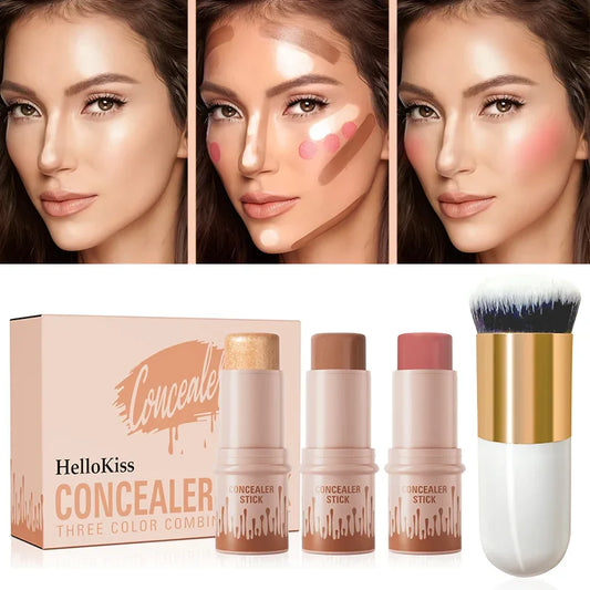 Hello Kiss 4-Piece Contour Highlight Blush Stick Set & Brush Contour & Highlight Set Oasis Select
