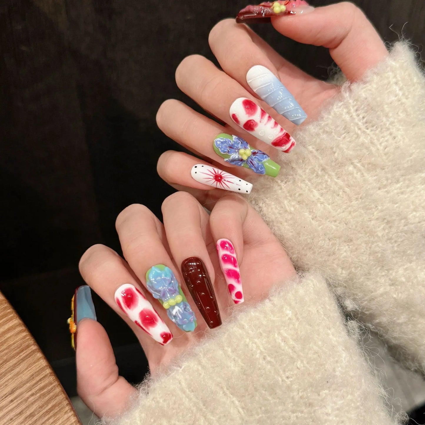 3D Press-On Nails Long Ballet Coffin | Handmade Floral Fake Nails