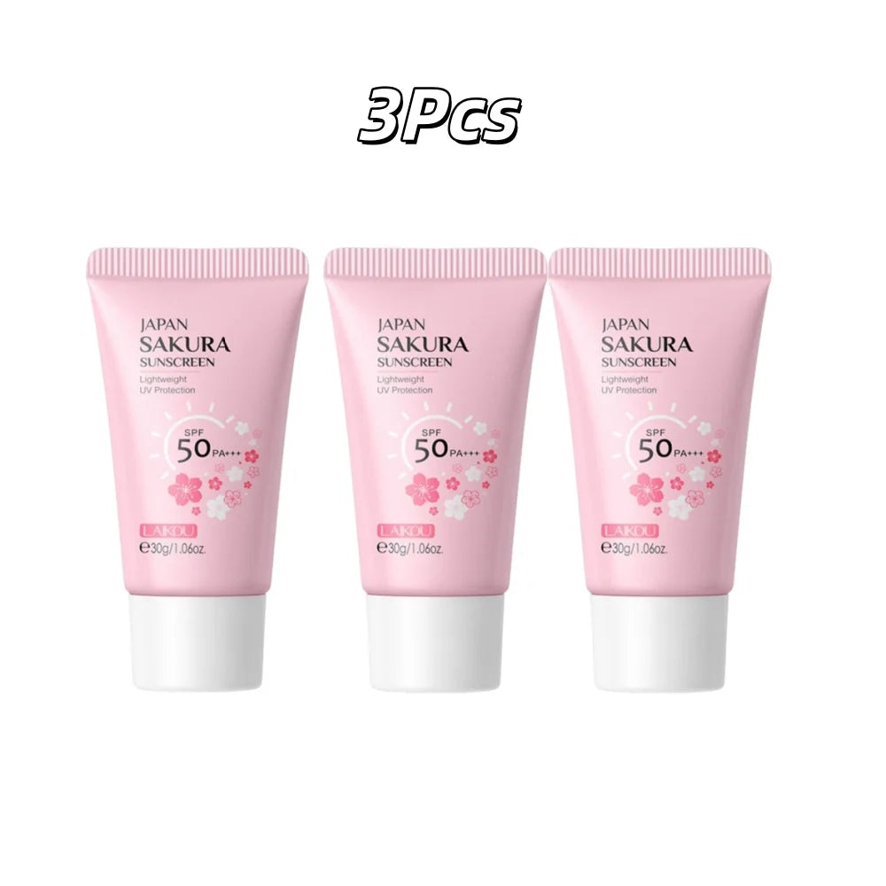 LAIKOU Japan Sakura Sunscreen SPF 50+ Brightening Sunblock Cream Face Body Moisturizing Isolating UV Protector 30g Peaceful Pleasures Health and Wellness 3Pcs