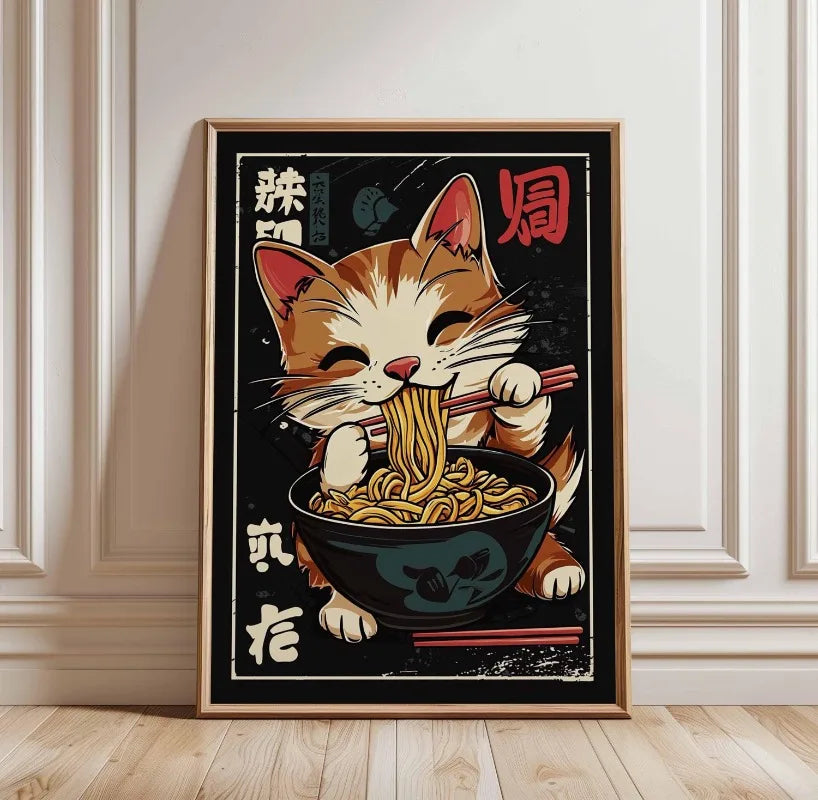Black Cat Ramen Japanese Food Noodle Ginger Cat Poster Print Wall Art Pictures Canvas Painting Living Room Home Wall Decoration Peaceful Pleasures Health and Wellness TL2894 20x30cm Unframed