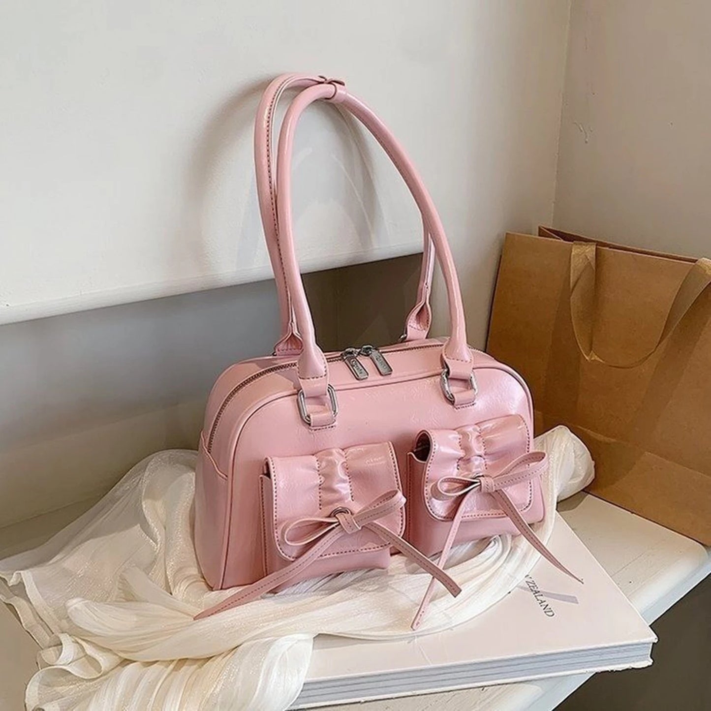 Ladies Elegant PU Shoulder Bag Fine Workmanship and Temperamental Handbag Exquisite Gift for Ladies Birthday Peaceful Pleasures Health and Wellness Pink
