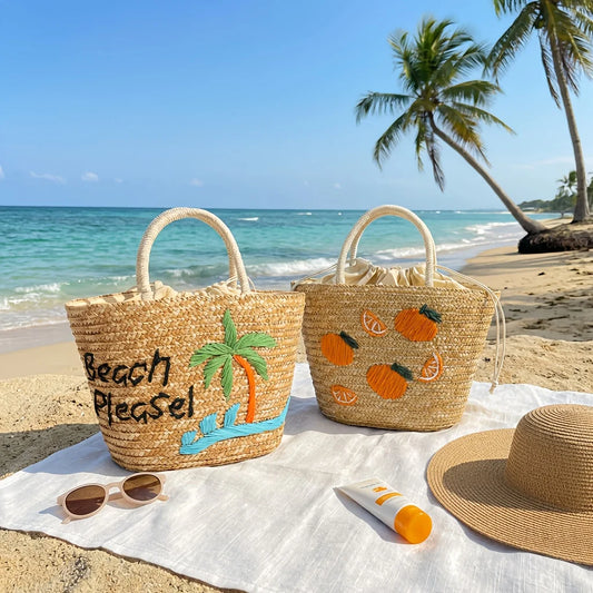 Bohemian Embroidery Straw Beach Tote Bag – Large Capacity Woven Beach Tote Peaceful Pleasures Health and Wellness