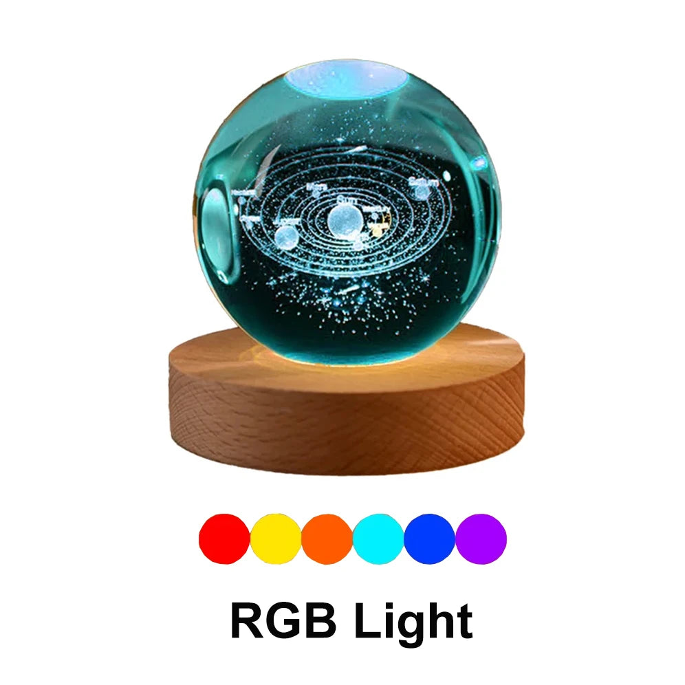6cm Bedside RGB Lamp Solar Theme Cosmos Series Crystal Ball Night Lights Milky Way Moon Small Ornaments for Desk Creative Gift Peaceful Pleasures Health and Wellness Solar System-RGB USB Plug