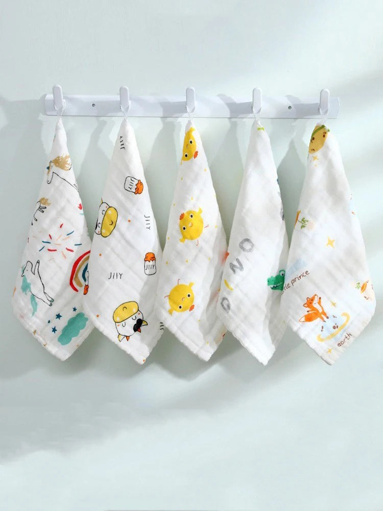 5-Pack Baby Cotton Gauze Washcloths | Soft Cartoon Handkerchiefs