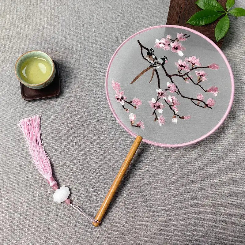 Su Embroidery Silk Round Hand Fan – Wooden Handle & Tassel