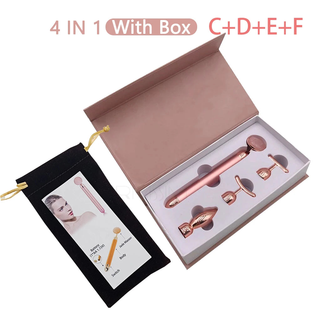 New Electric Vibrating Jade Roller Massager For Slimming Face Lifting Rose Quartz 3D Roller Stone Facial Skin Care Beauty Tool Peaceful Pleasures Health and Wellness 4 IN 1 With Box